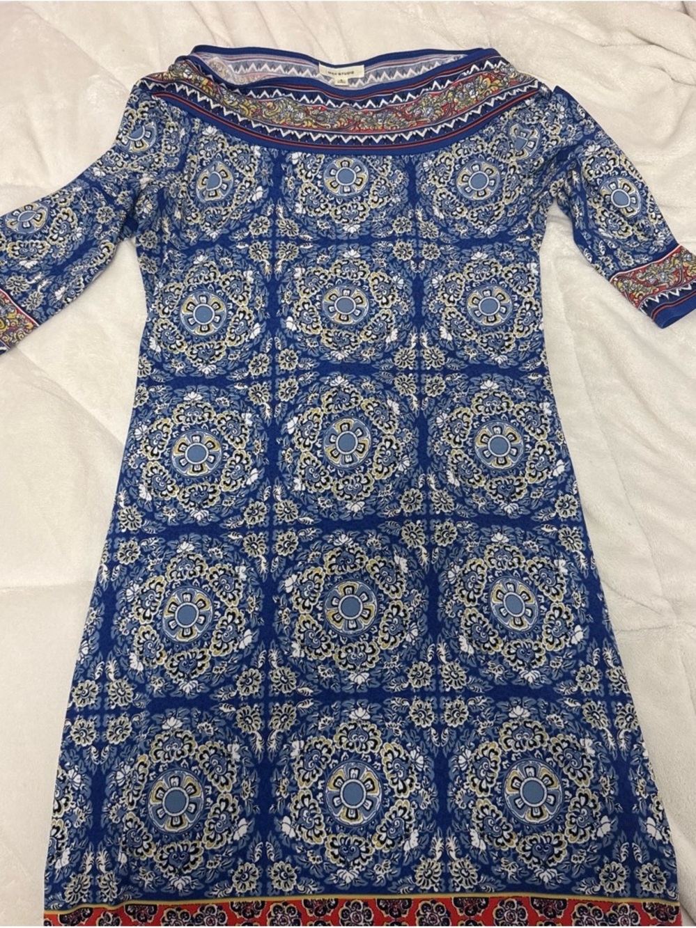 Max Studio Blue Printed Medallion Midi Dress with Trim